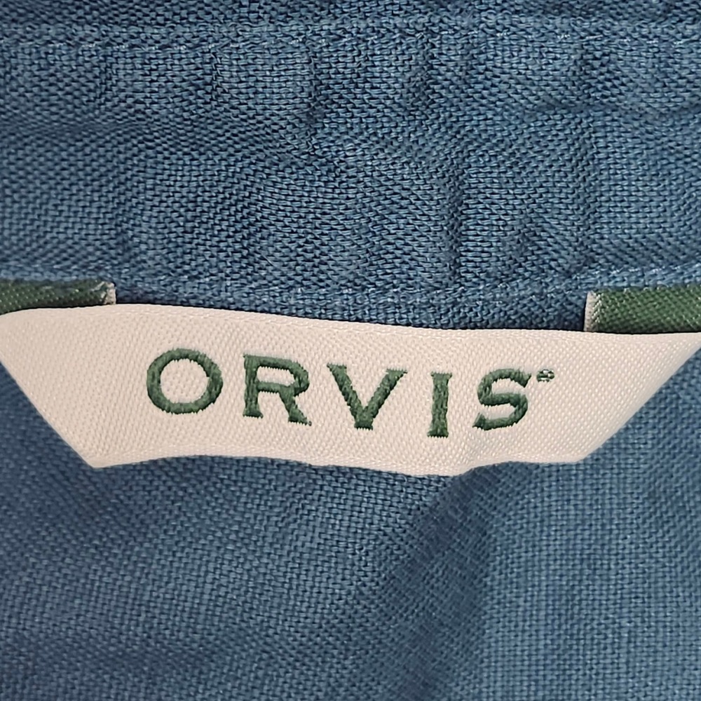Orvis Linen Blend Long Sleeve Shirt  Roll Tab Teal Blue Utility Outdoors Large - Picture 2 of 8